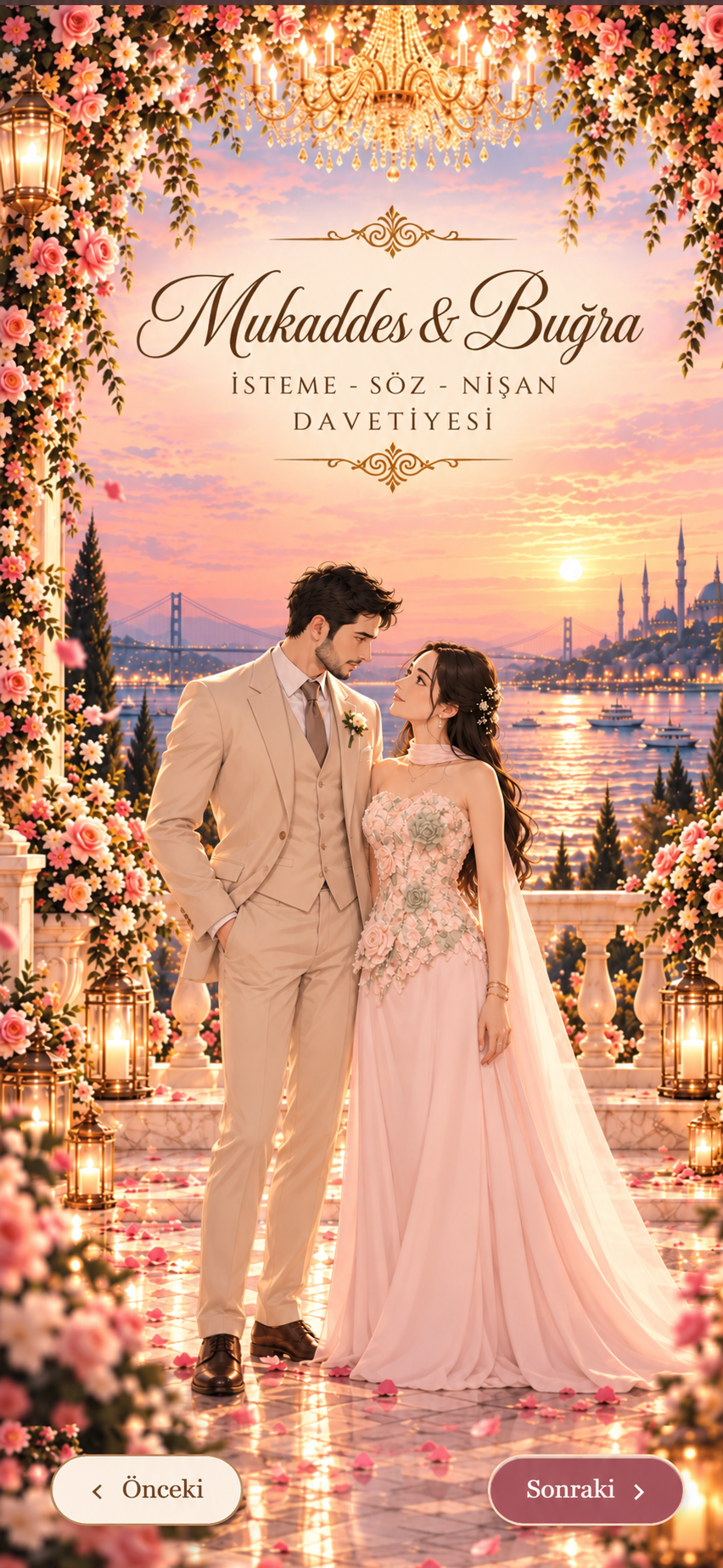 Mukaddes ve Buğra için seçilen romantik çift görseli ve davetiye başlığı